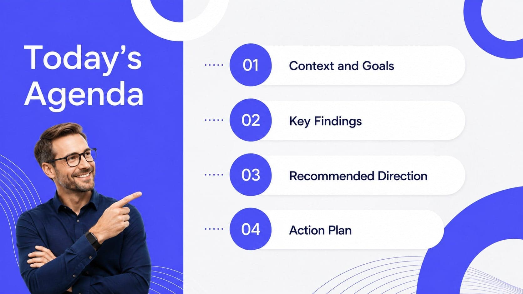 Business agenda slide with four discussion topics arranged beside animated blue organic shapes.