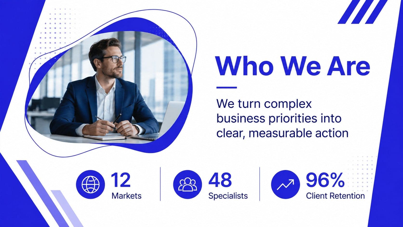 Modern company overview layout using blue organic shape graphics and concise business profile text.
