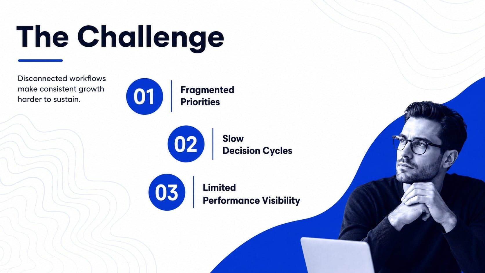 Business challenge slide presenting three operational obstacles within a blue and white abstract layout.