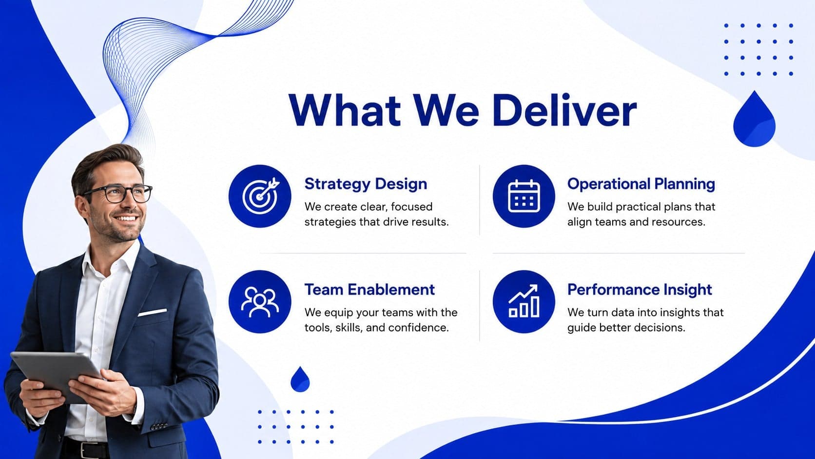 Corporate services overview featuring four capabilities in a clean organic shape presentation design.