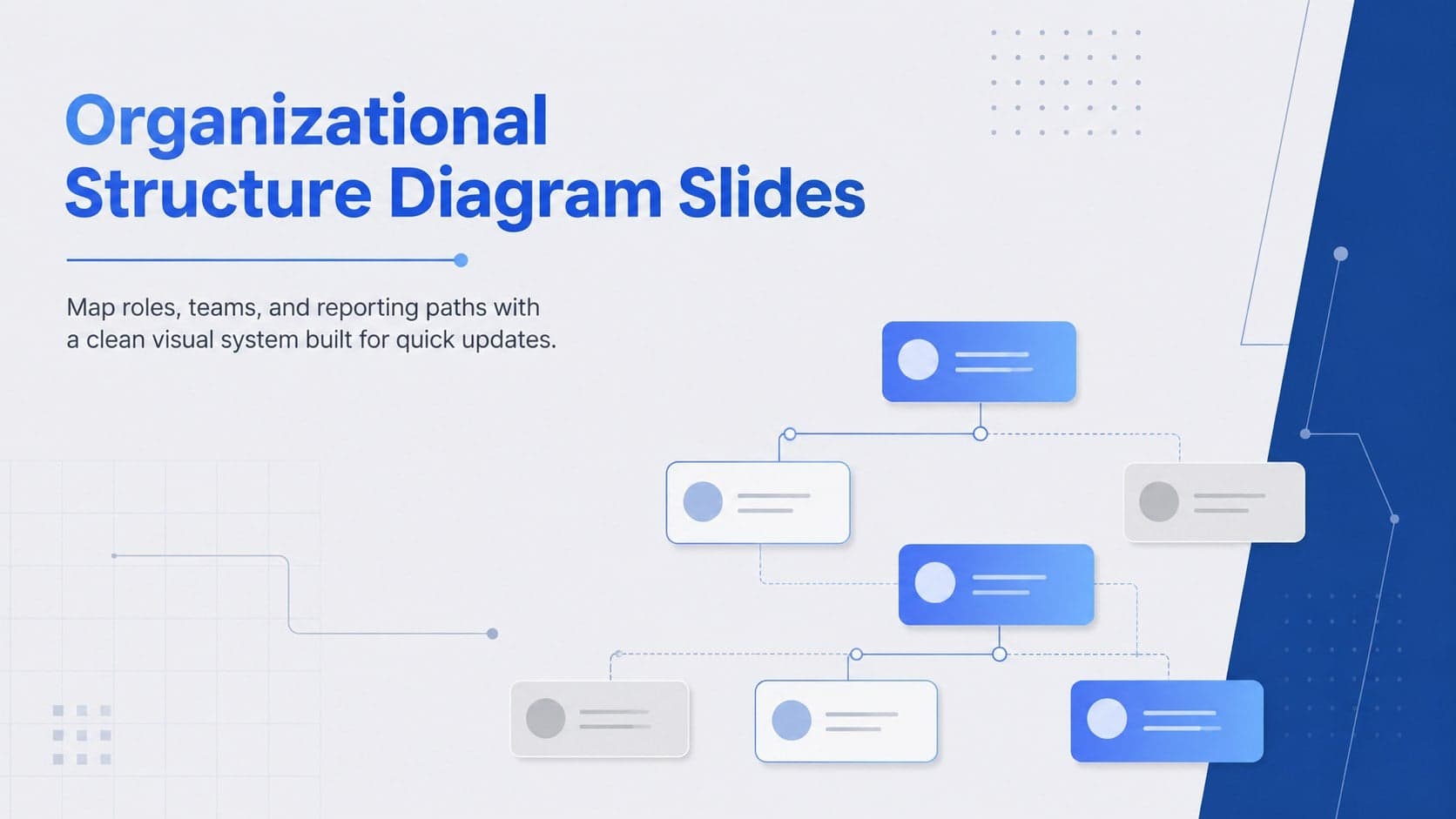 Cover for Organizational Structure Diagram Slides in a minimal blue and grey corporate style.