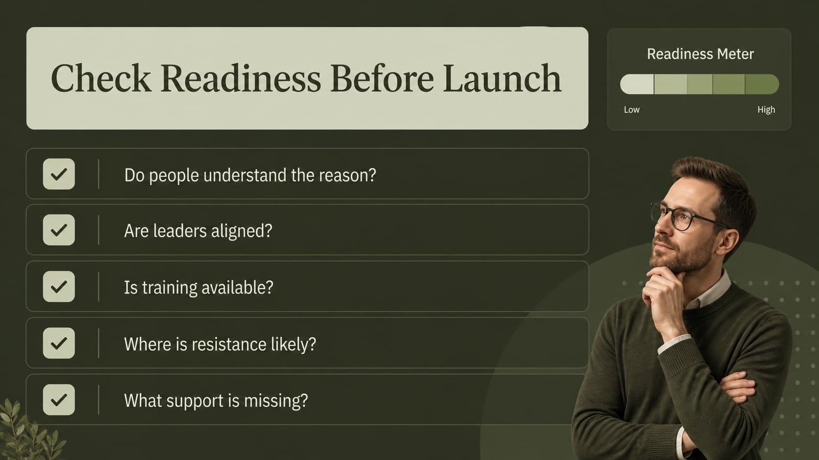 Readiness assessment slide with questions for evaluating team preparedness during transition planning.