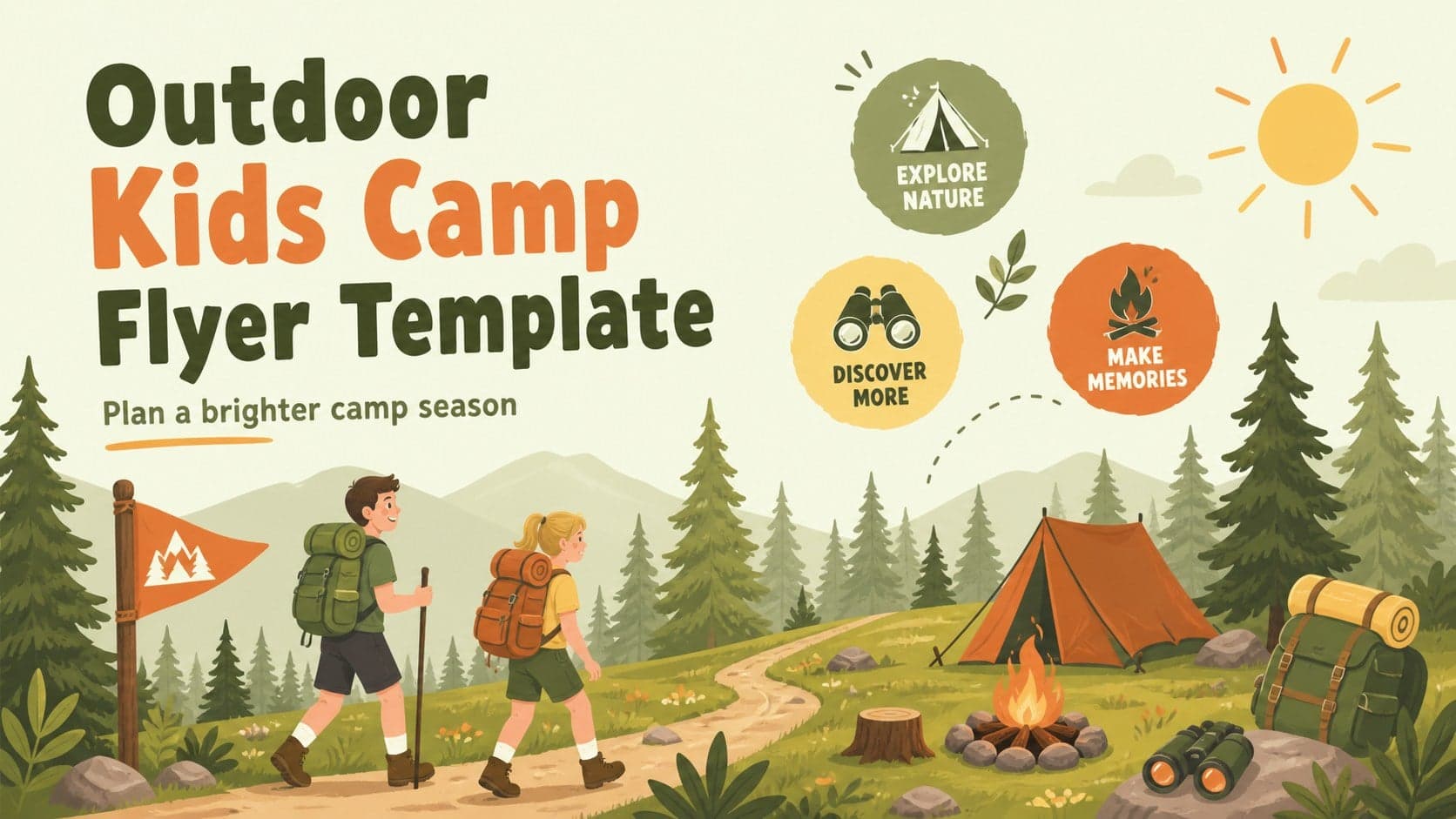 Bright illustrated cover for an outdoor kids camp flyer template with a summer program headline and cheerful activity graphics.