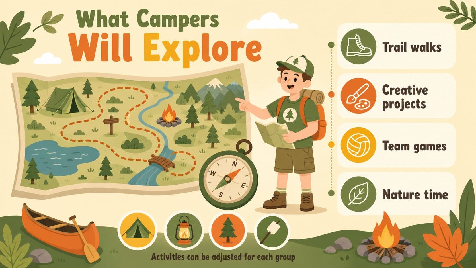 Illustrated summer camp activities slide showing an outdoor schedule with colorful icons and editable program details.