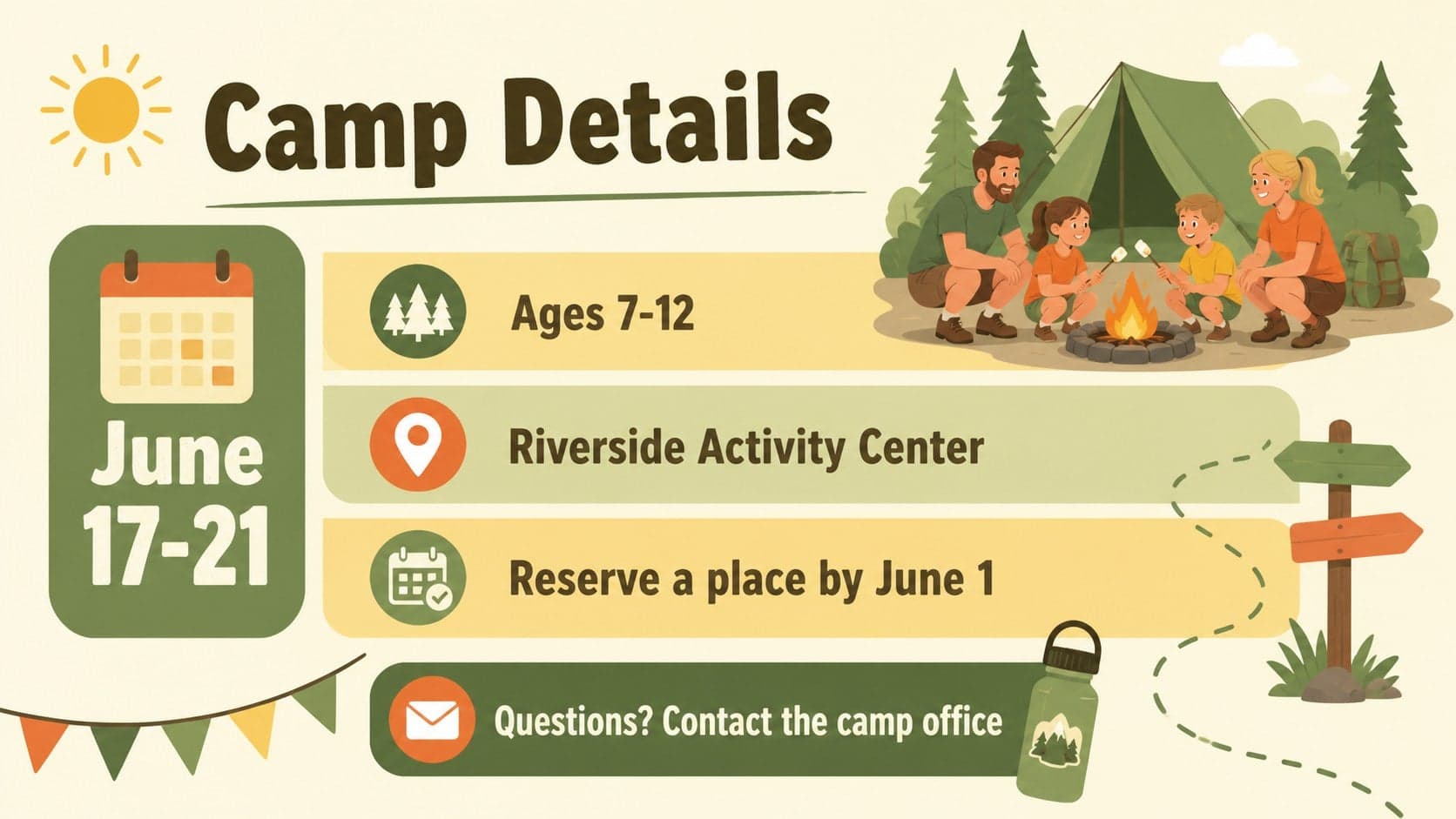 Family-friendly camp information slide with colorful registration details, dates, and a welcoming illustrated layout.