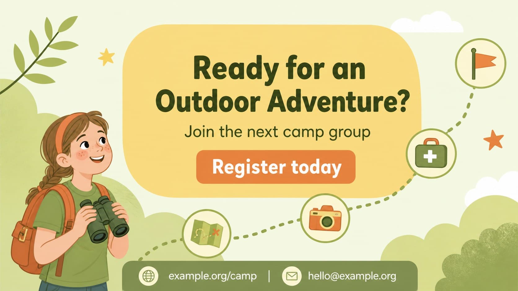Colorful summer camp registration call-to-action slide with editable contact information and playful outdoor illustrations.