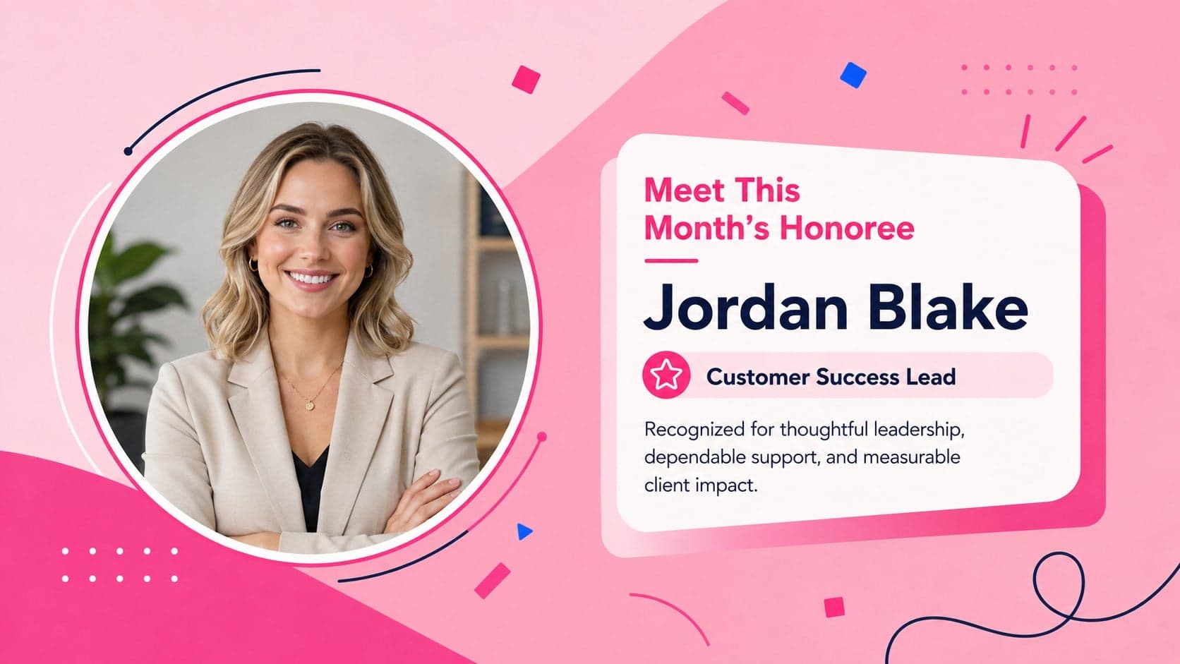 Monthly staff recognition slide introducing the selected honoree with a portrait and professional role.
