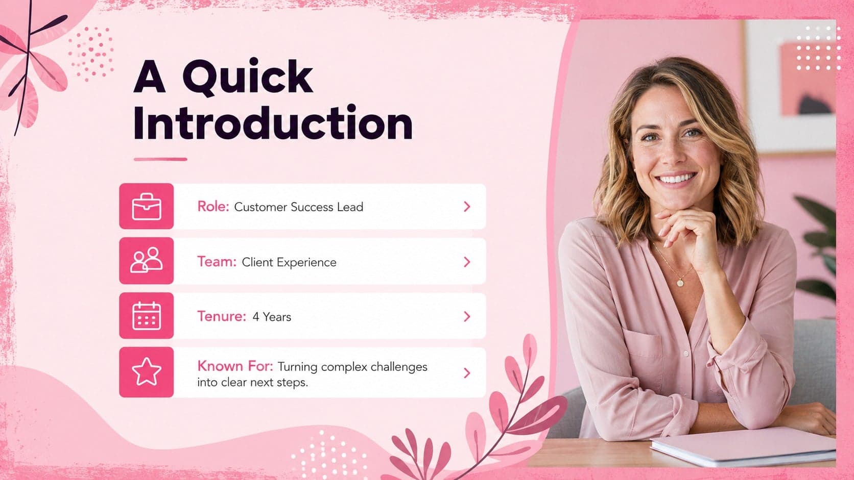 Professional employee profile slide presenting background, role, tenure, and a personal strength.