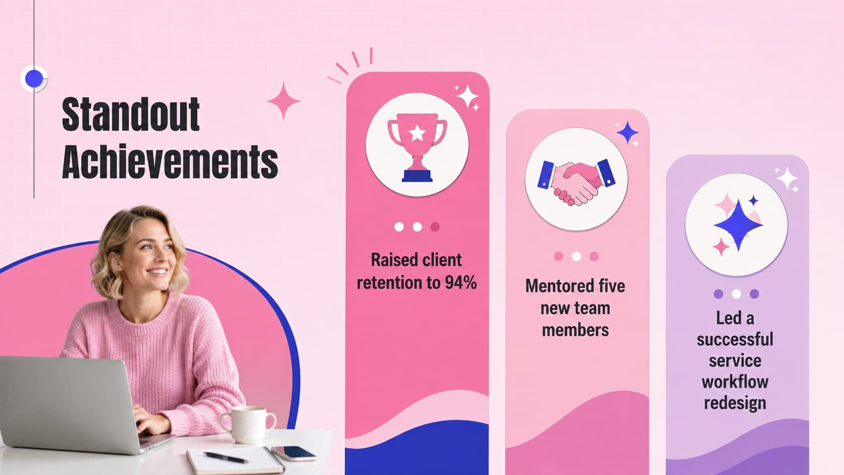 Employee award presentation template slide featuring three standout workplace achievements.