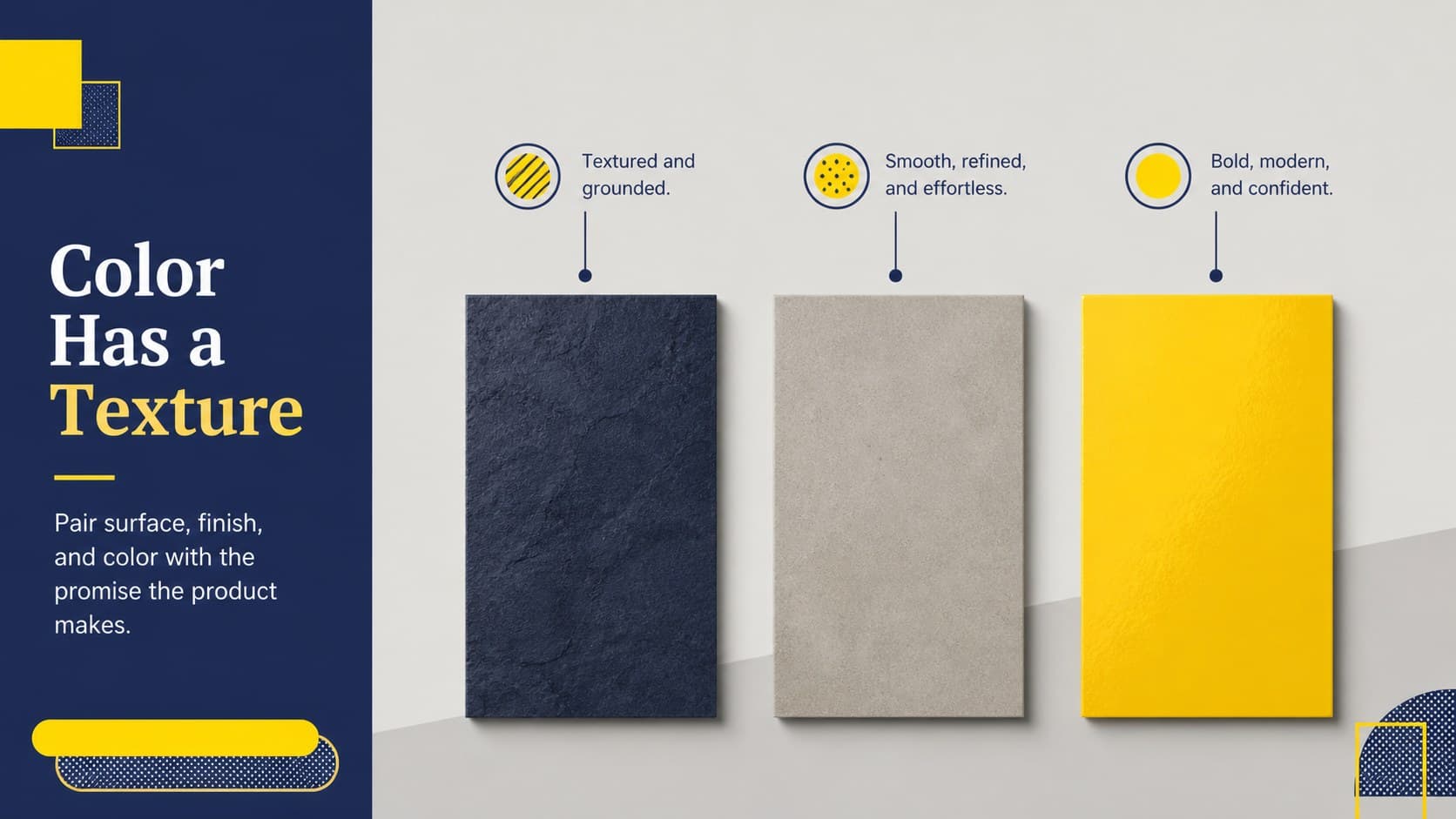 Color and material slide exploring how packaging surfaces communicate product qualities.