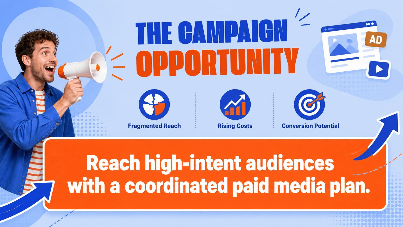 Digital ad campaign pitch deck slide defining the market challenge and campaign opportunity.