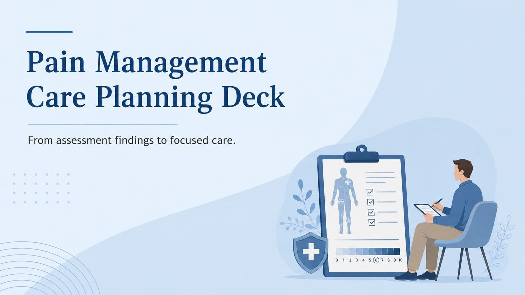 Blue illustrated cover for the Pain Management Care Planning Deck with a clean clinical layout.