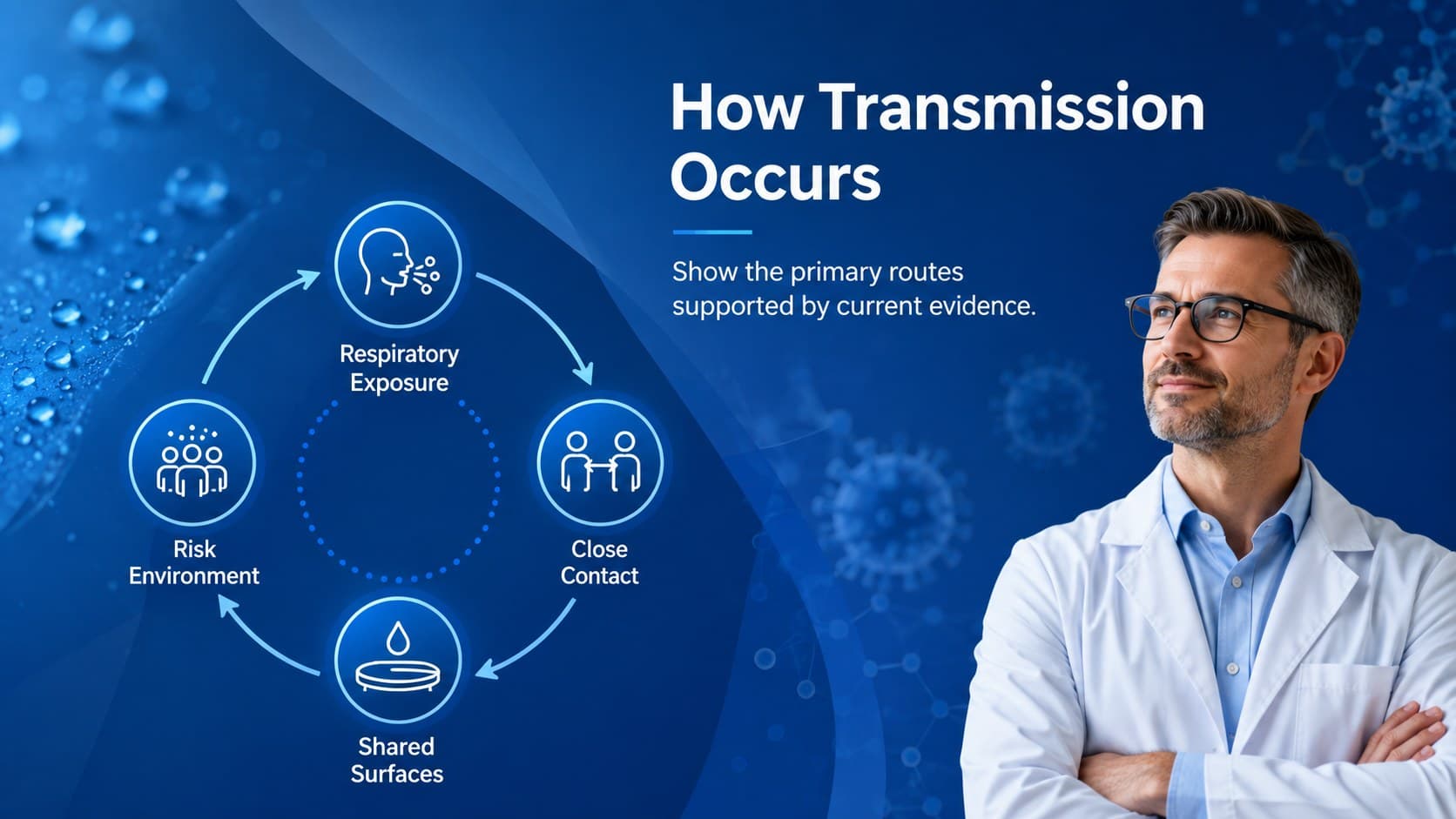 Infectious disease briefing deck slide explaining virus transmission routes with blue medical icons.
