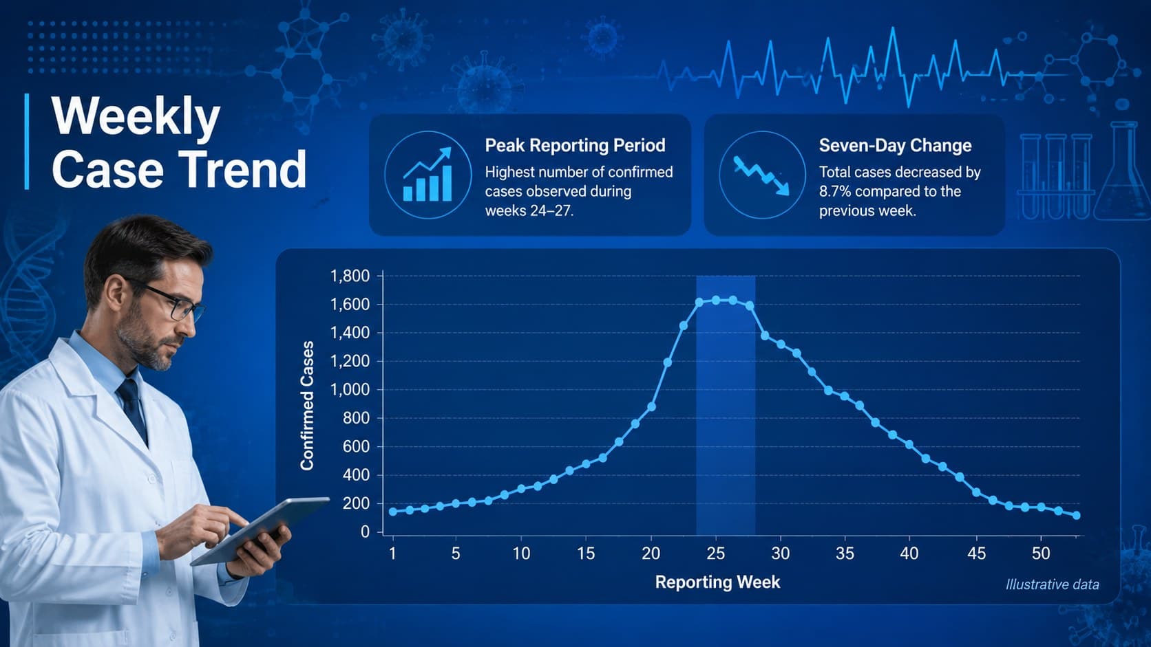 Epidemiology data presentation with a weekly case trend chart and concise analytical notes.