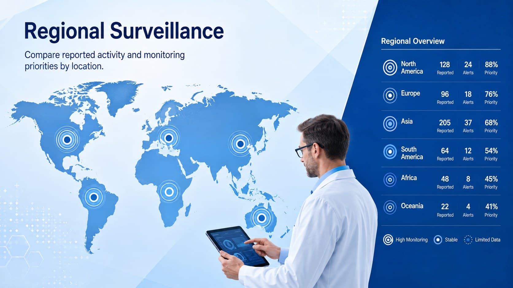 Disease surveillance slide comparing outbreak activity across regions on a blue world map.