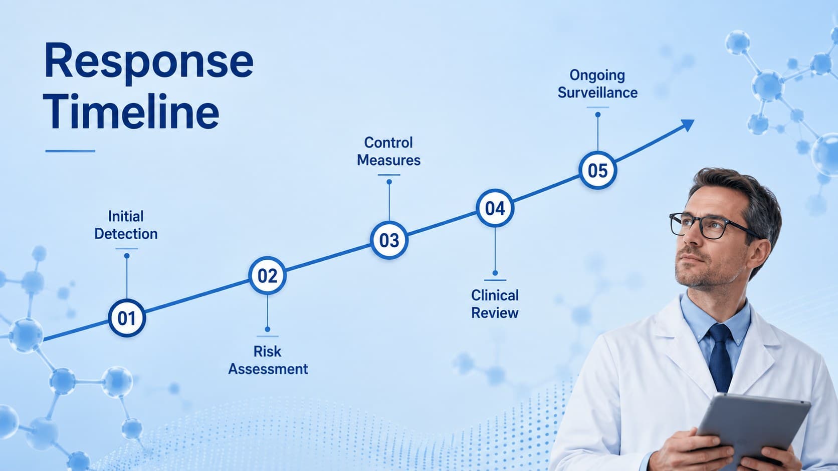 Public health emergency timeline outlining detection, assessment, intervention, and review milestones.