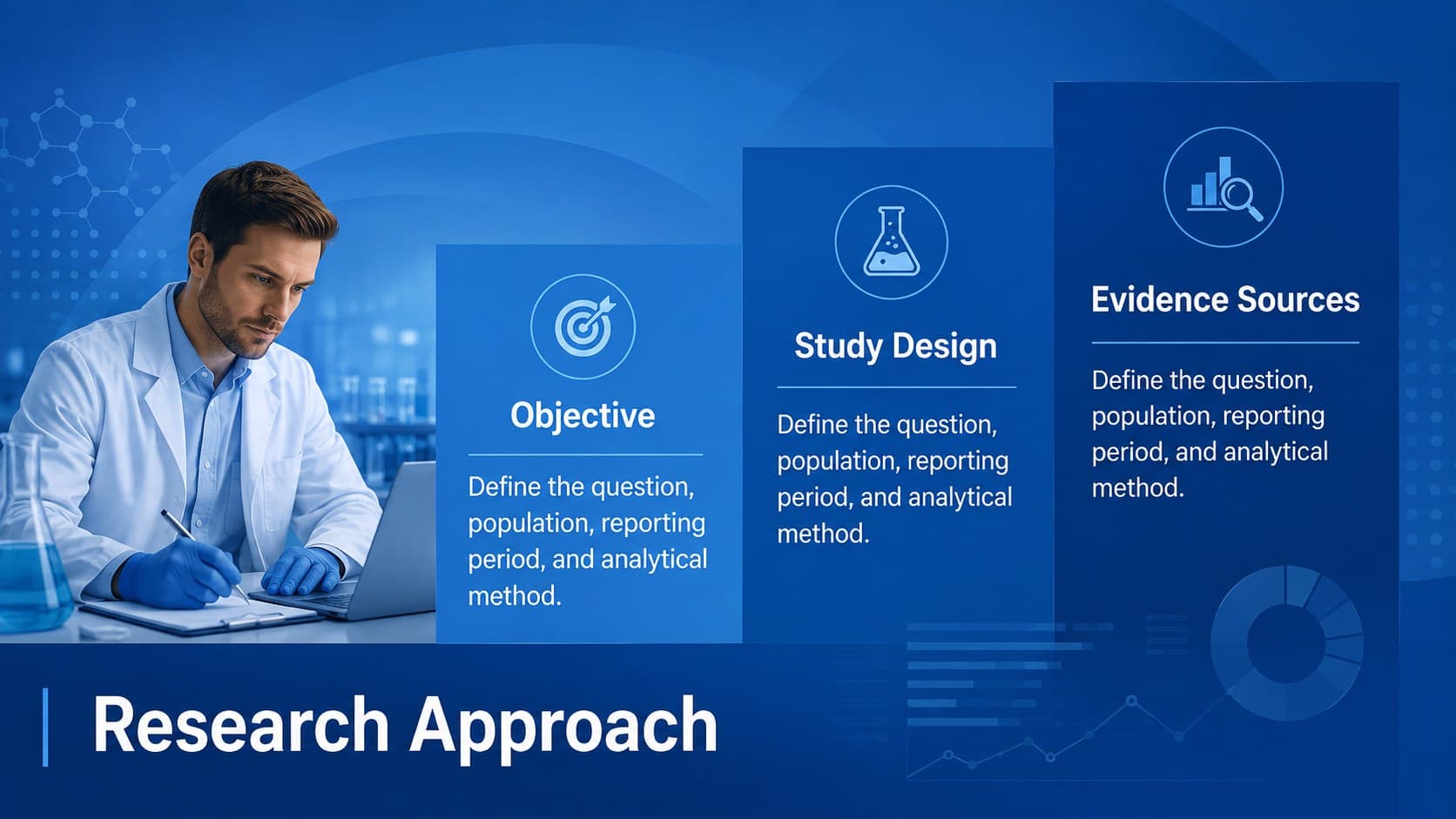 Medical research slide presenting study objectives, methods, and evidence sources in a blue layout.