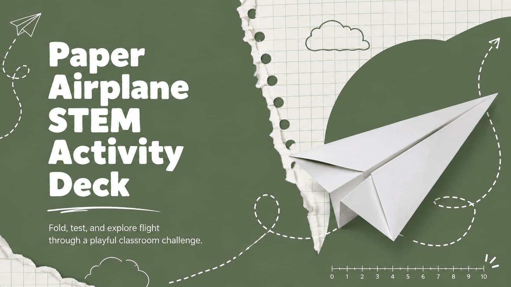 Cover of a green-and-white Paper Airplane STEM Activity Deck with playful flight-path doodles.