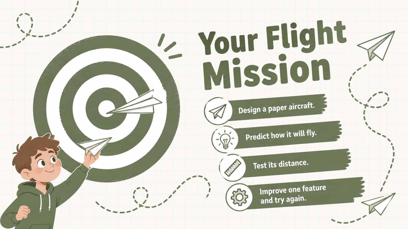 STEM mission slide introducing a paper airplane engineering challenge for elementary students.