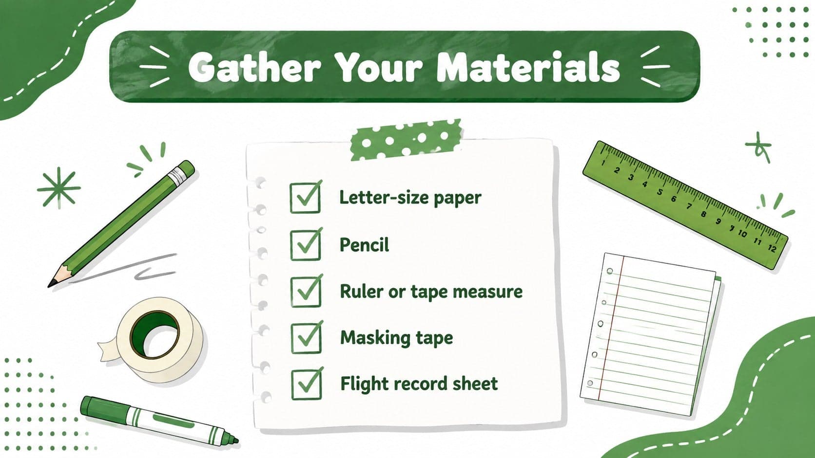 Materials checklist for a classroom paper airplane science lesson with simple illustrated supplies.