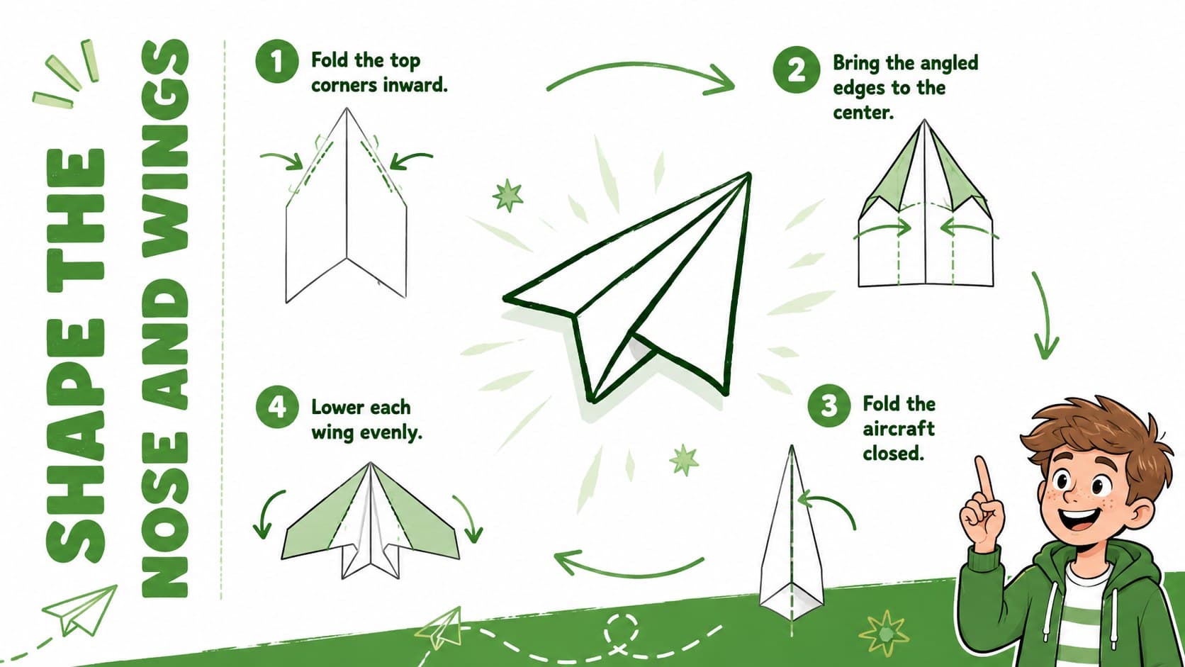 Second folding sequence showing how to form the nose and wings of a paper airplane.