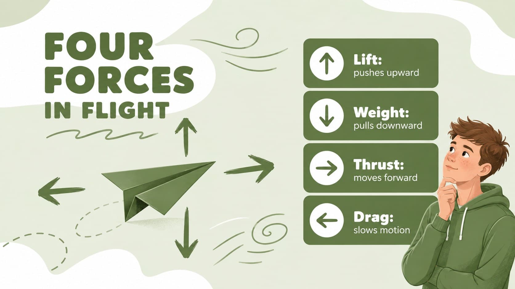 Forces of flight diagram explaining lift, weight, thrust, and drag for children.