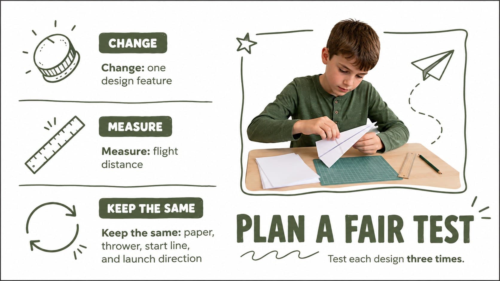 Fair-test planning slide for an elementary paper airplane distance experiment.