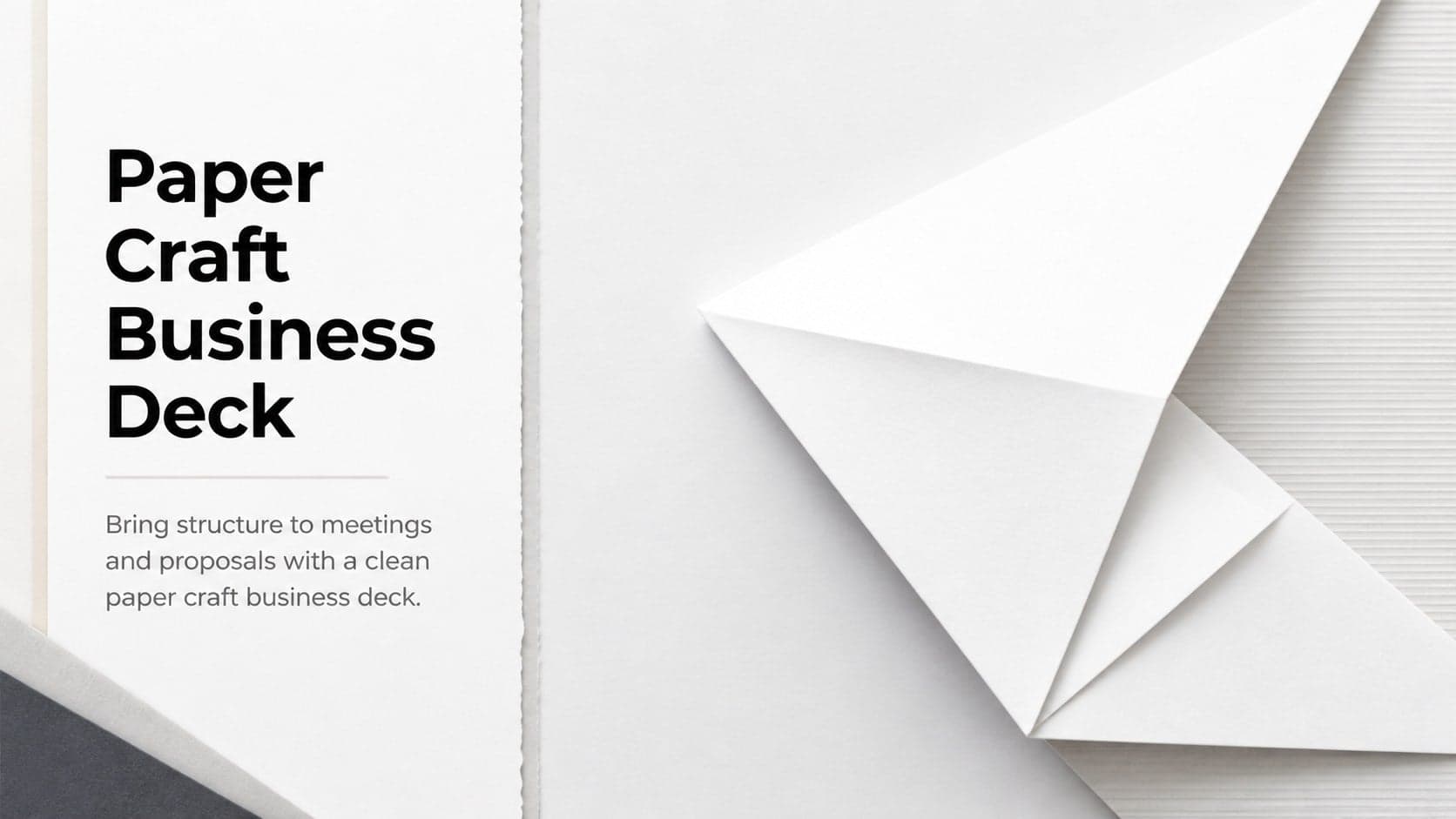 Cover slide for a paper craft business deck with a clean folded-paper composition and a bold headline.