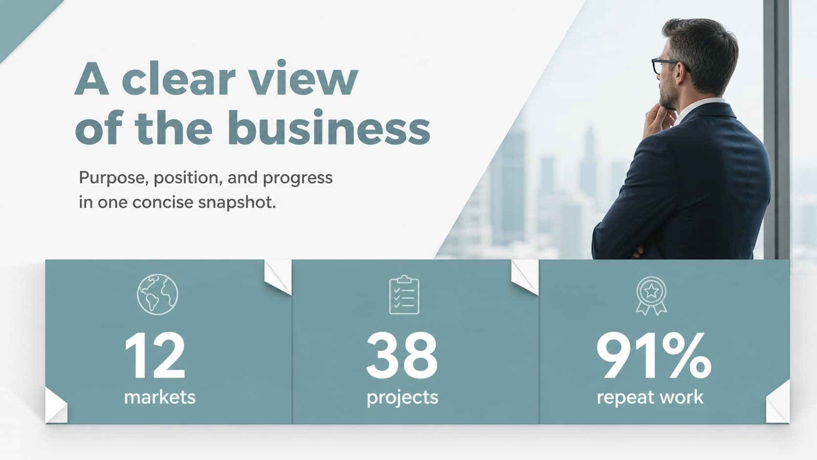 Company overview slide presenting a concise business snapshot in a neutral paper style.