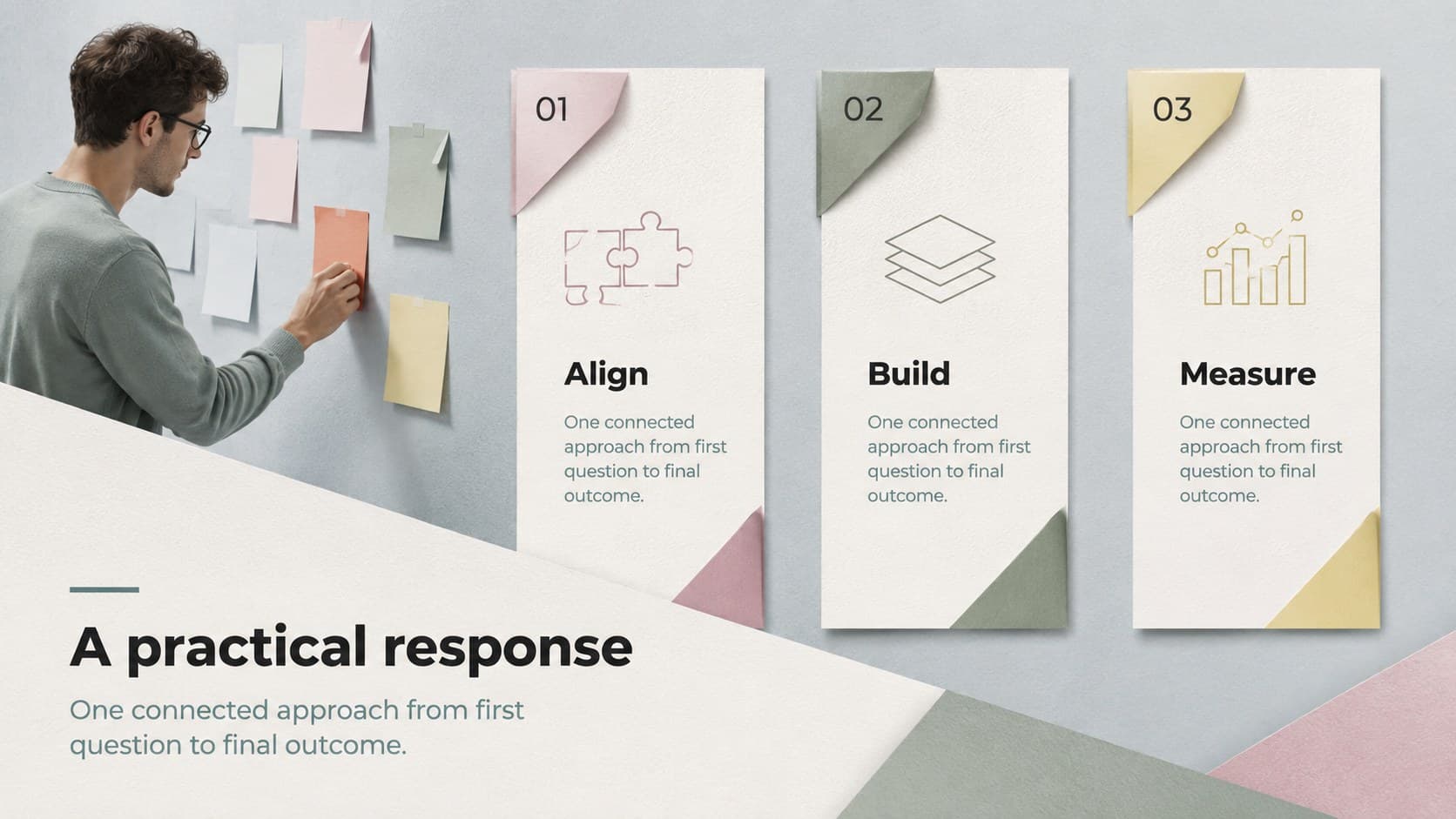 Solution slide showing three service pillars for a tactile corporate presentation design.