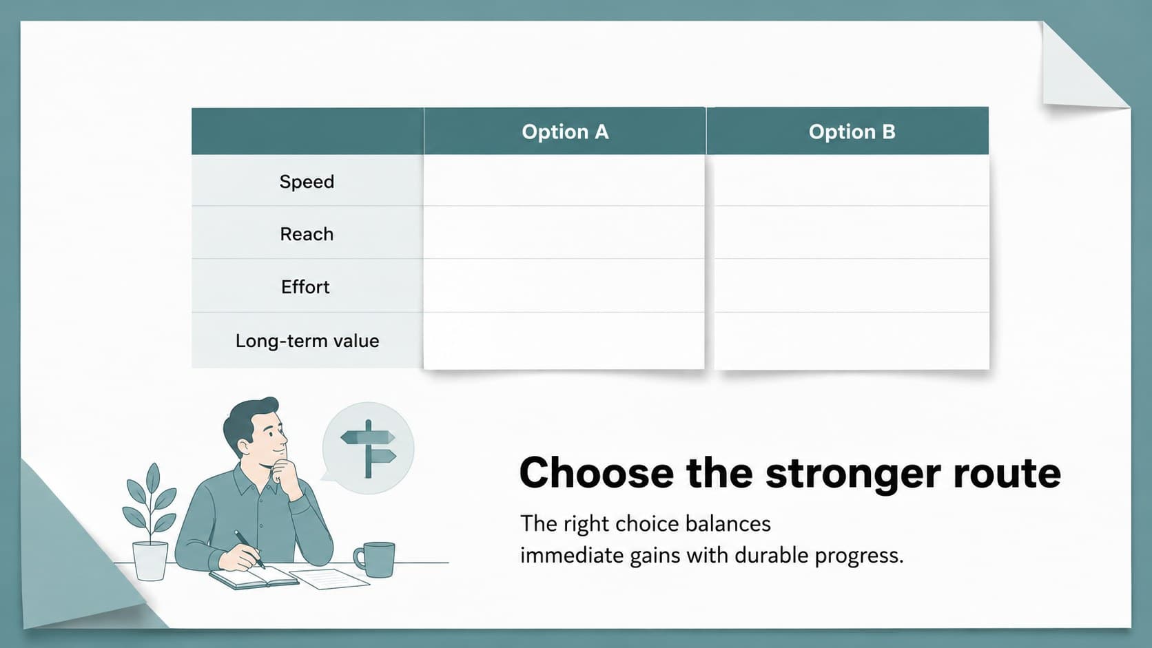 Comparison table slide contrasting two strategic options in a clean proposal slide deck.