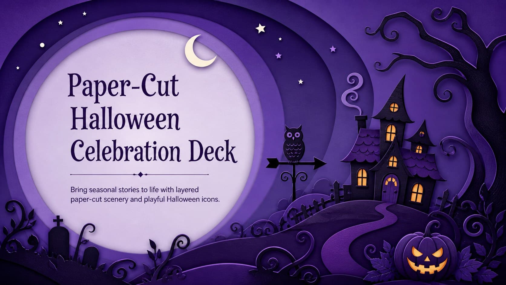 Cover of the Paper-Cut Halloween Celebration Deck with layered purple scenery, a moon, pumpkins, and playful spooky silhouettes.
