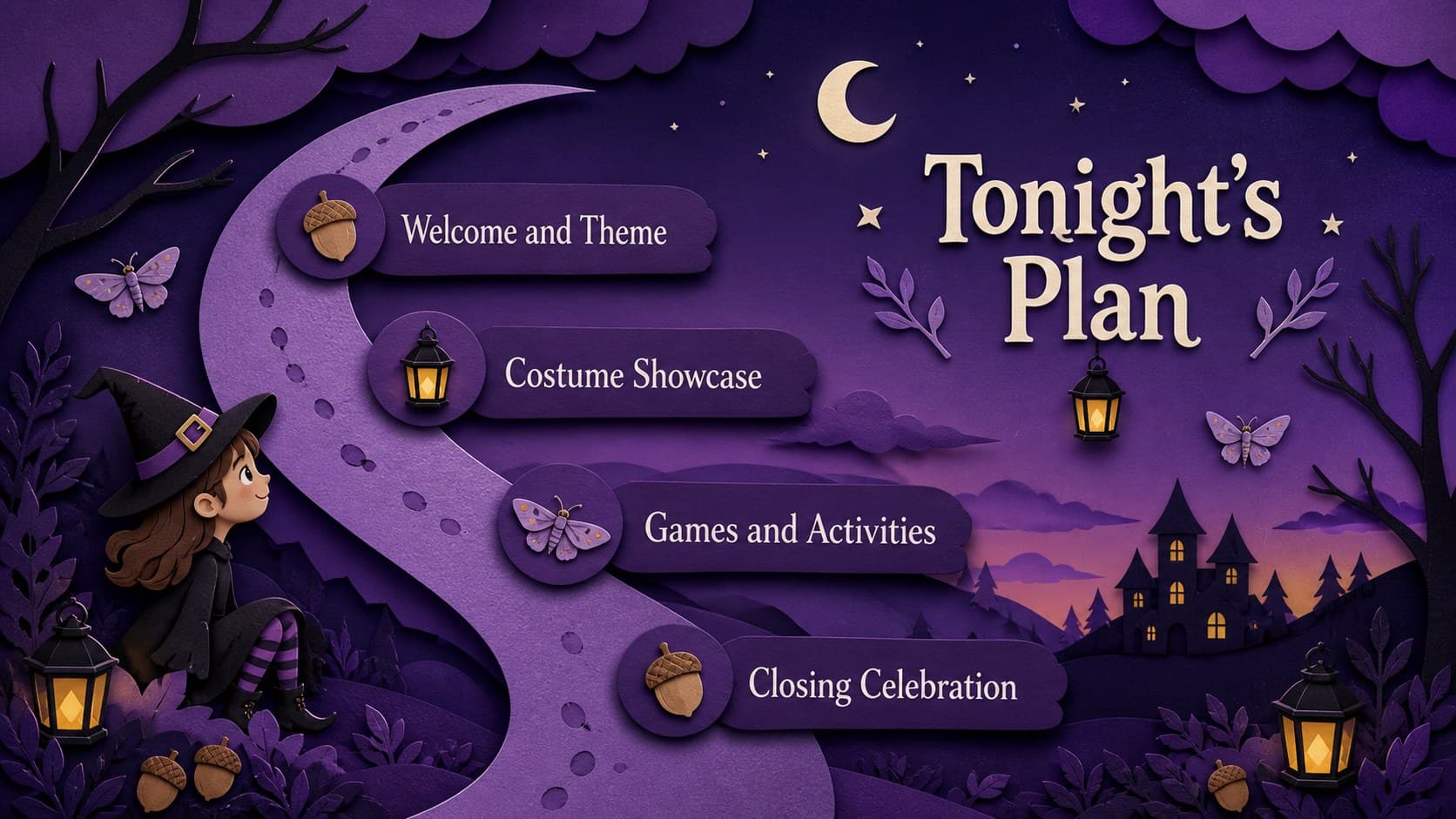 Halloween celebration agenda slide with four paper-cut sections arranged around a violet crescent moon.