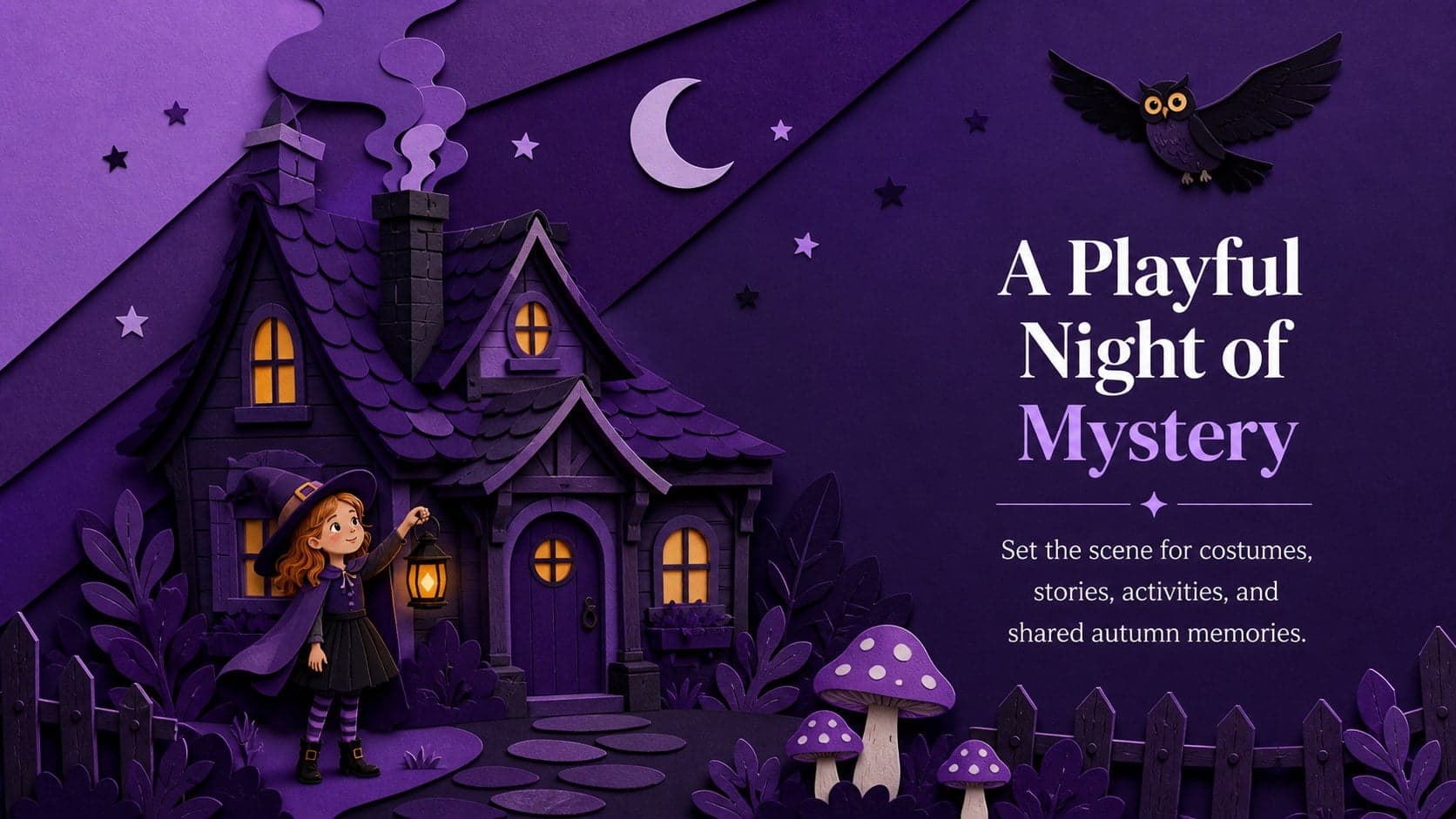 Purple paper-cut Halloween introduction slide featuring an original haunted cottage and a concise seasonal welcome message.