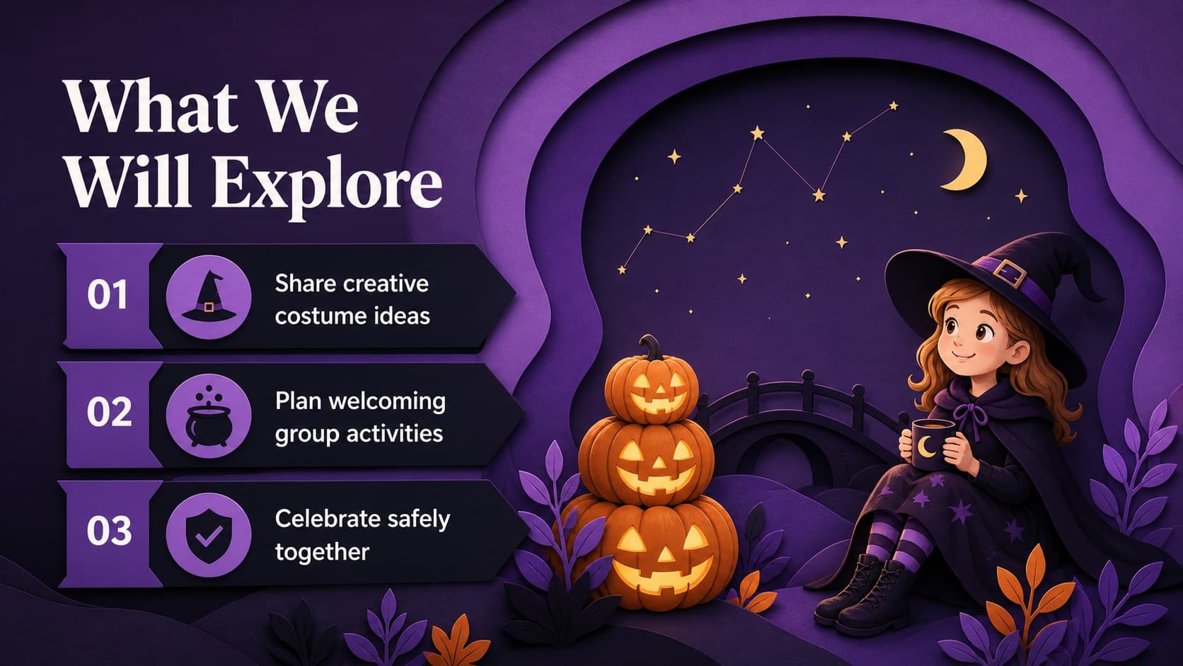 Kid friendly Halloween lesson template slide with three goals framed by pumpkins, stars, and layered violet paper.