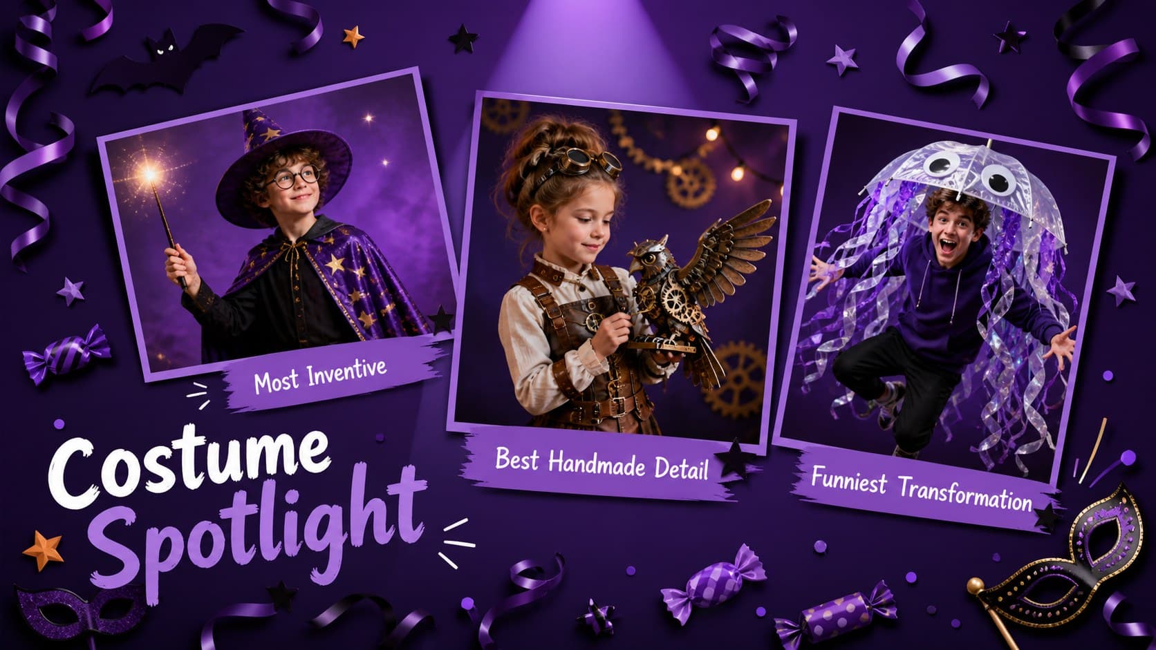 Costume photo showcase layout with three tilted image spaces and whimsical purple Halloween decorations.