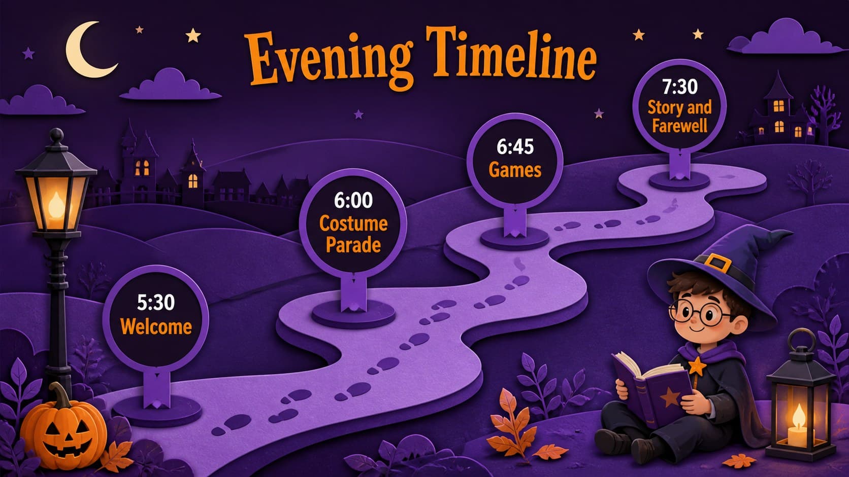 Halloween event timeline showing four evening milestones on a winding moonlit paper-cut path.