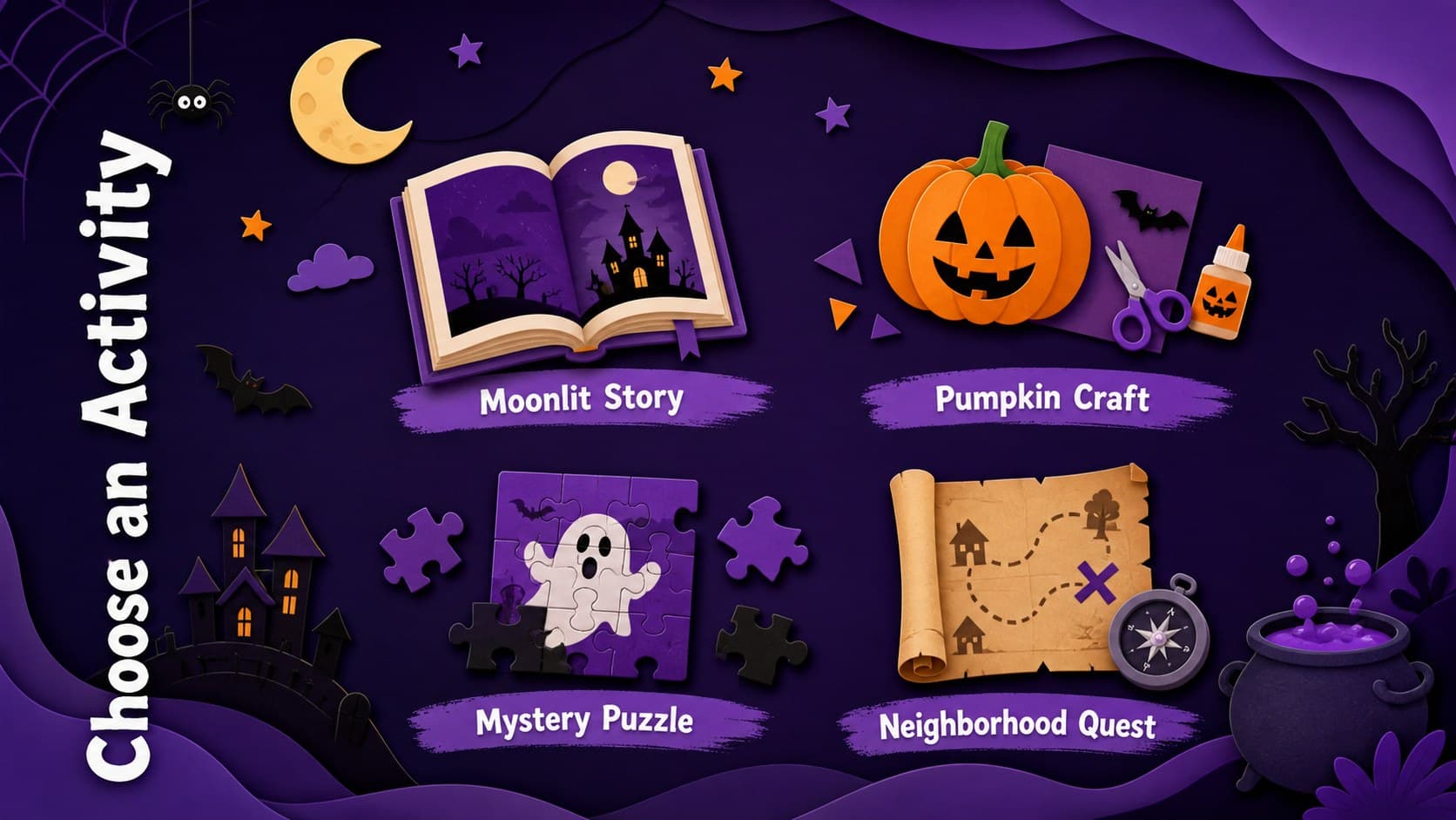 Halloween activity choices displayed as four illustrated paper-cut stations in a purple classroom layout.