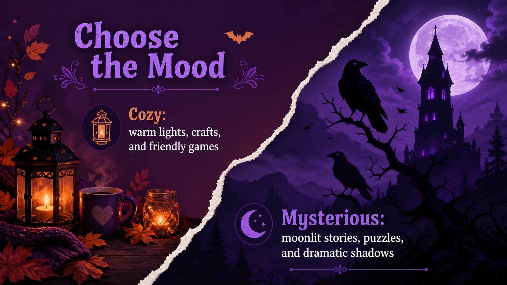 Purple Halloween comparison slide contrasting cozy and mysterious event moods with original paper-cut imagery.