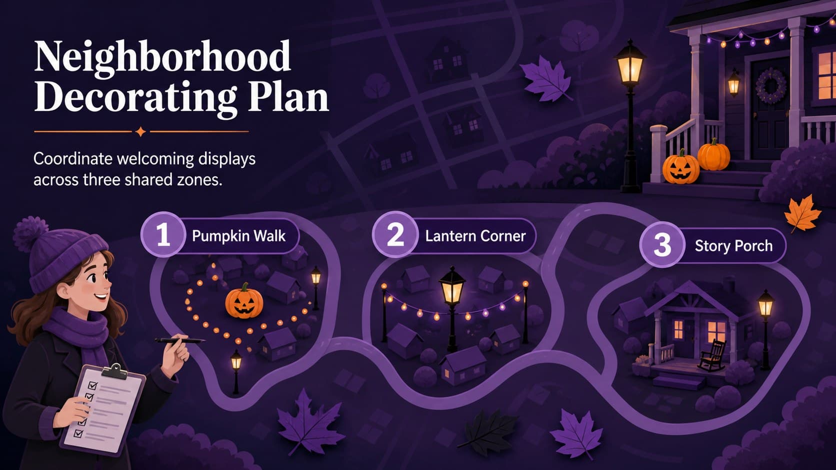 Community Halloween decorating plan with three neighborhood zones on a layered violet map.