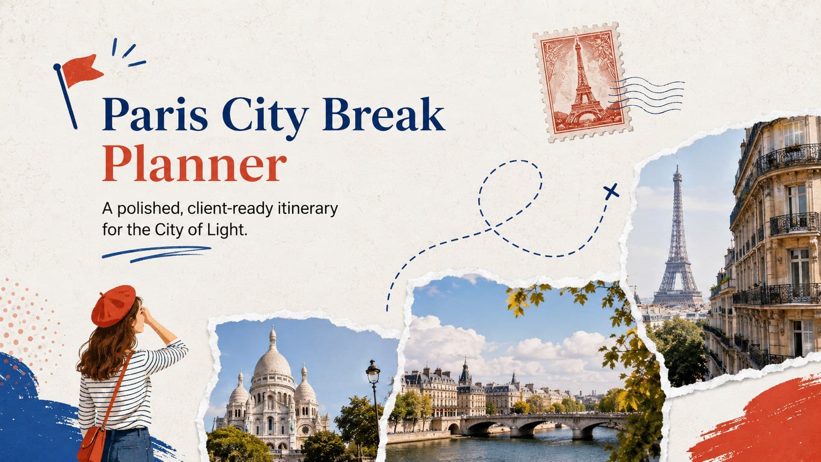 Cover of a Paris city break planner with colorful collage imagery, travel notes, and a clean white background.