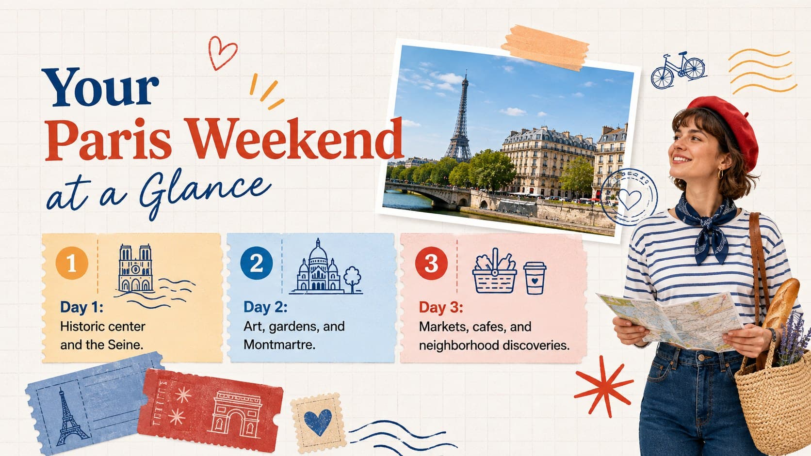 Paris weekend itinerary presentation slide outlining a three-day city break at a glance.