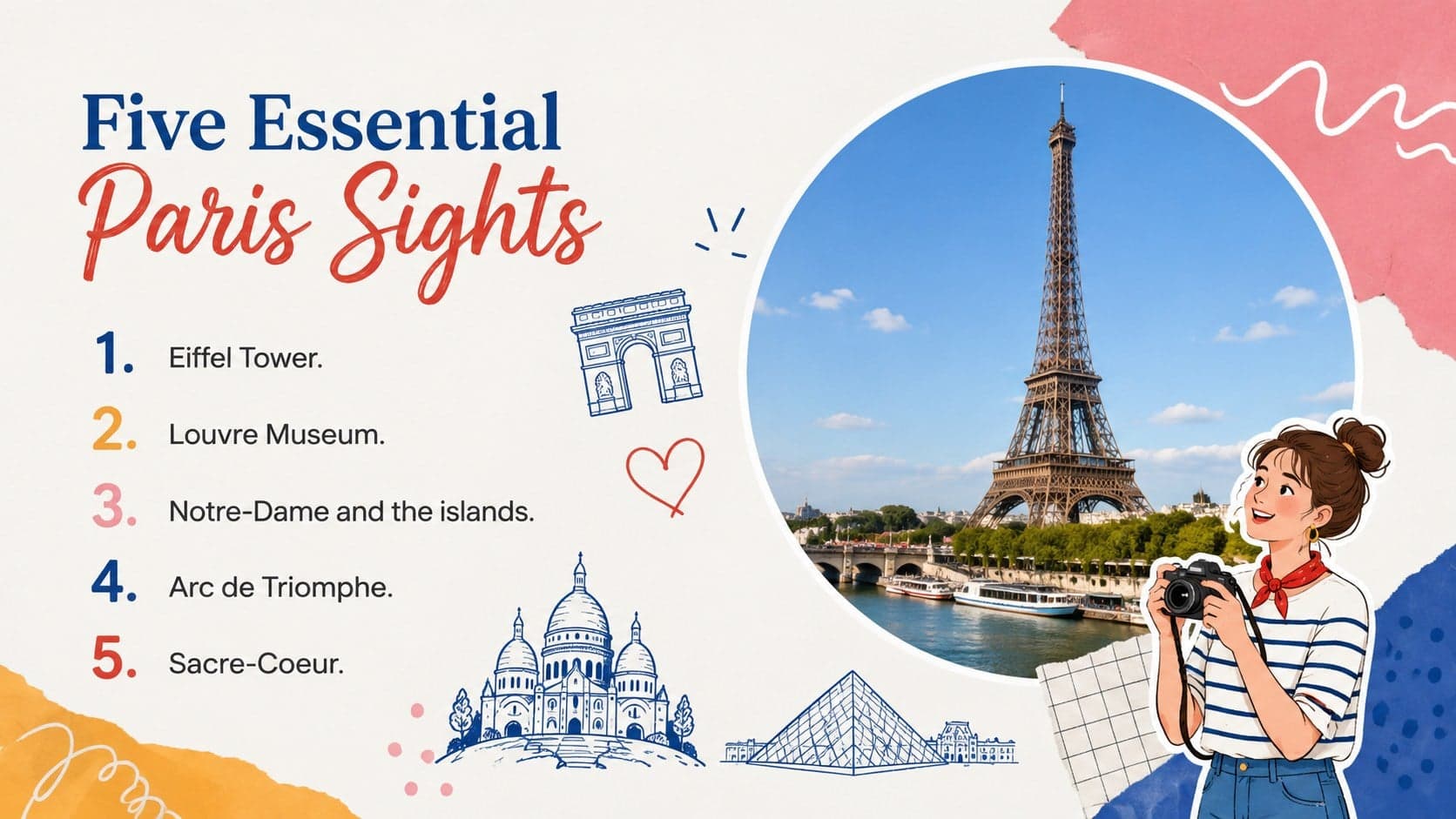 Paris travel proposal template slide featuring essential landmarks and concise planning notes.