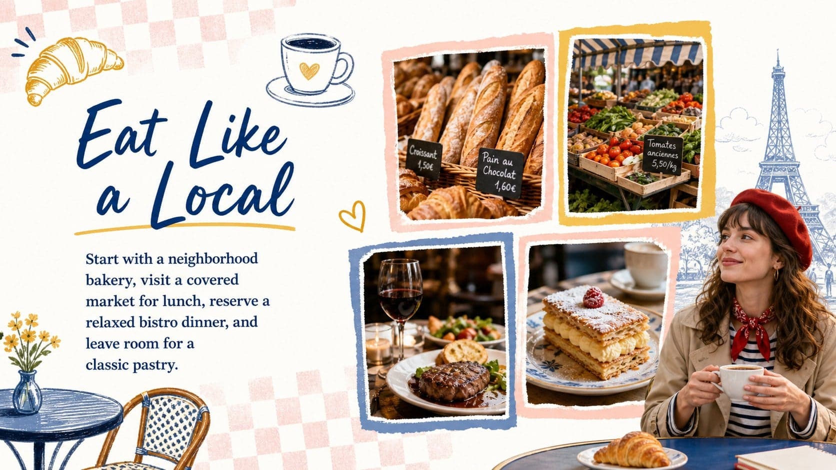 Modern collage Paris slide with cafe, market, bistro, and pastry recommendations.