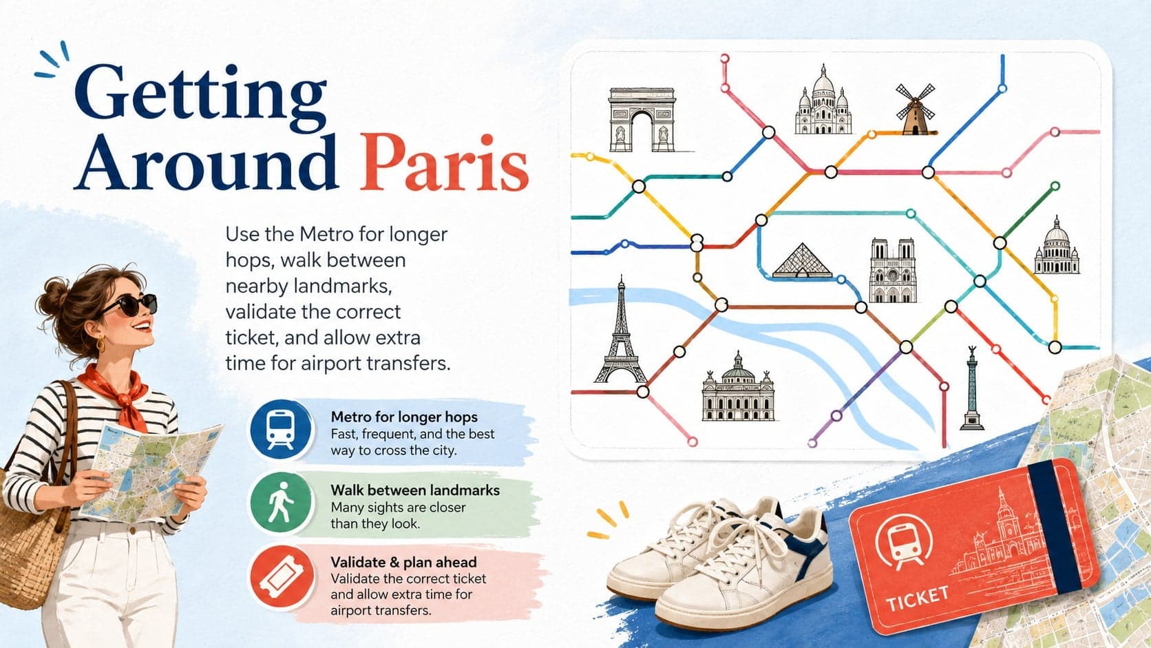 Google Slides Paris vacation planner page explaining metro, walking, and airport transport options.