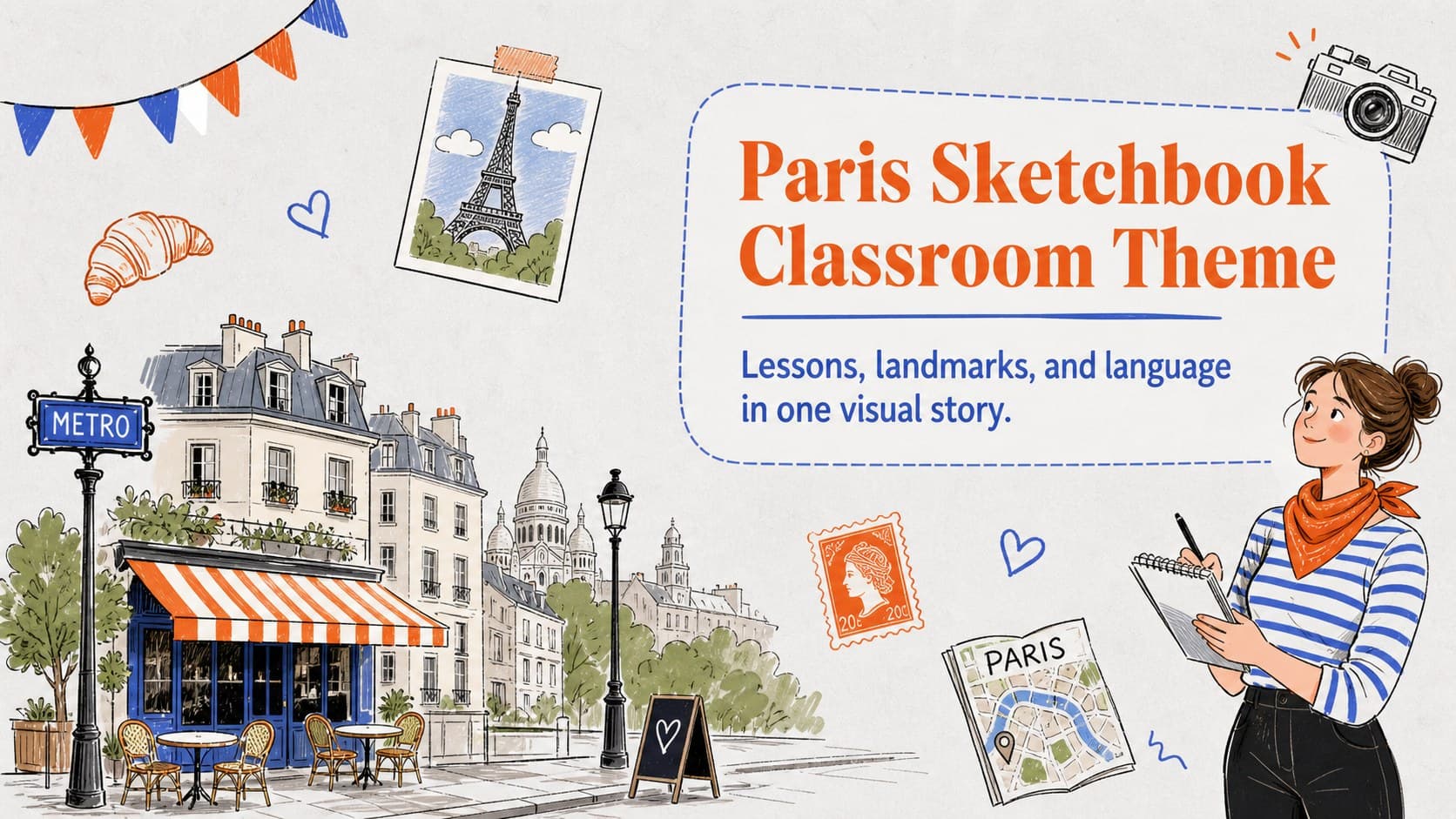 Cover slide for a Paris sketchbook classroom theme with a gray illustrated backdrop and colorful travel doodles.