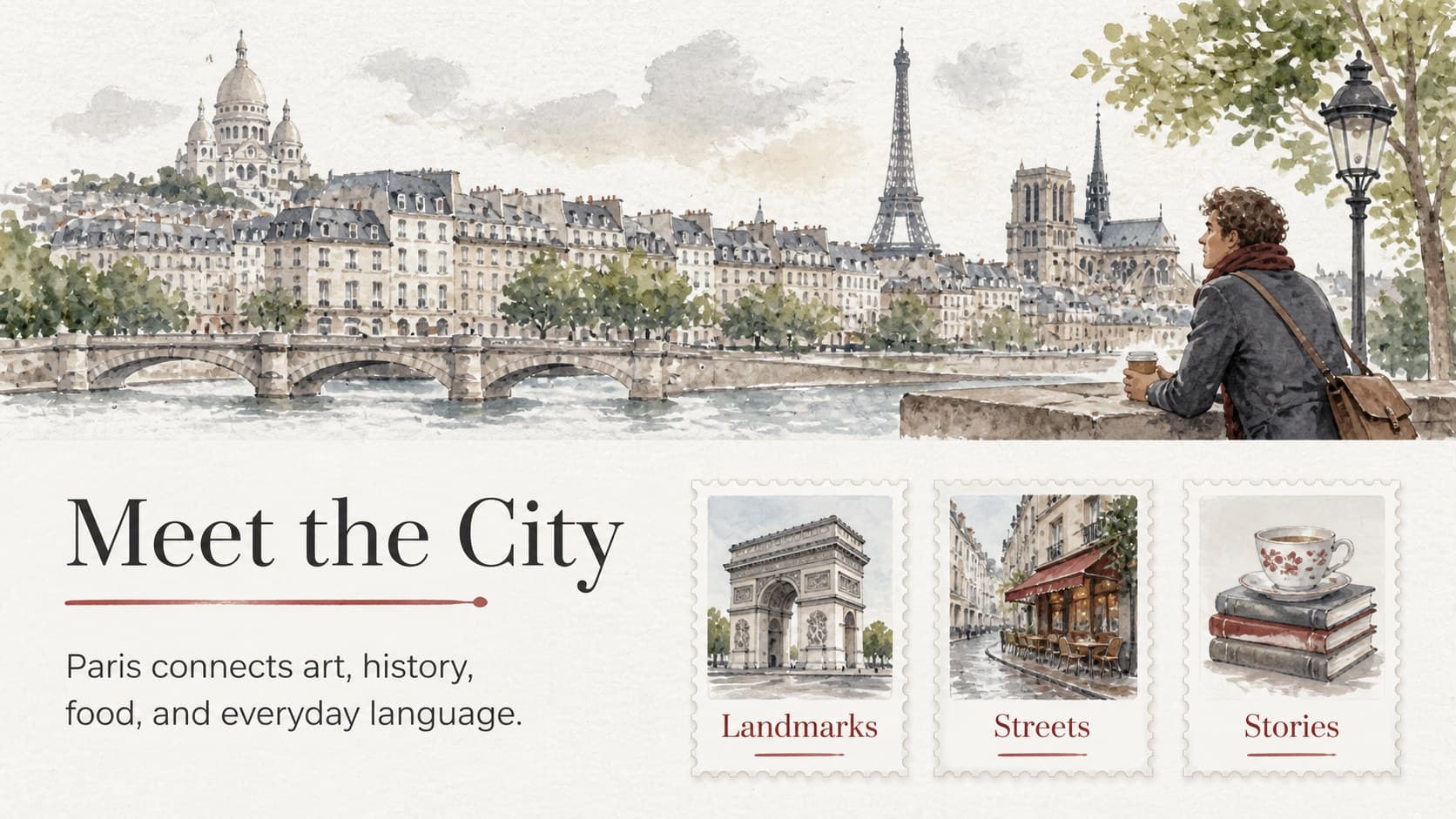 Illustrated introduction slide presenting Paris landmarks for a French culture lesson.