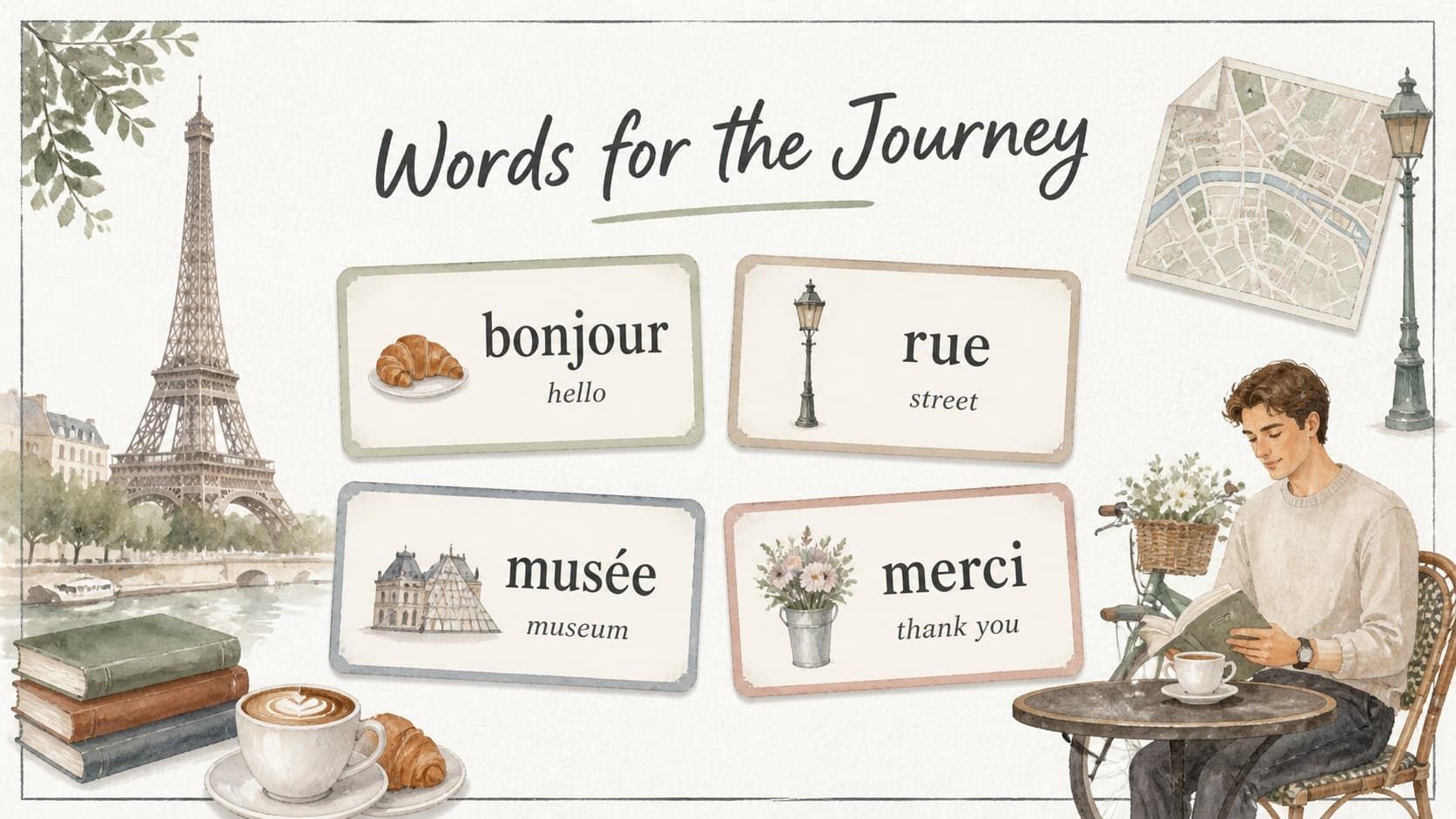 Vocabulary card slide with playful illustrations for a French language presentation.