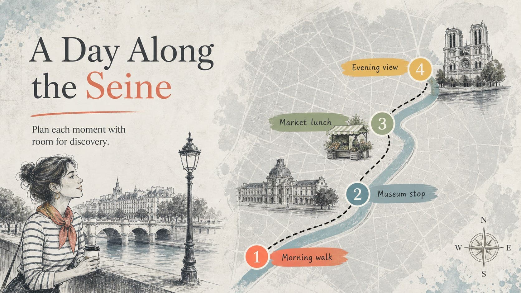 Paris travel itinerary slide showing a colorful illustrated route and scheduled stops.