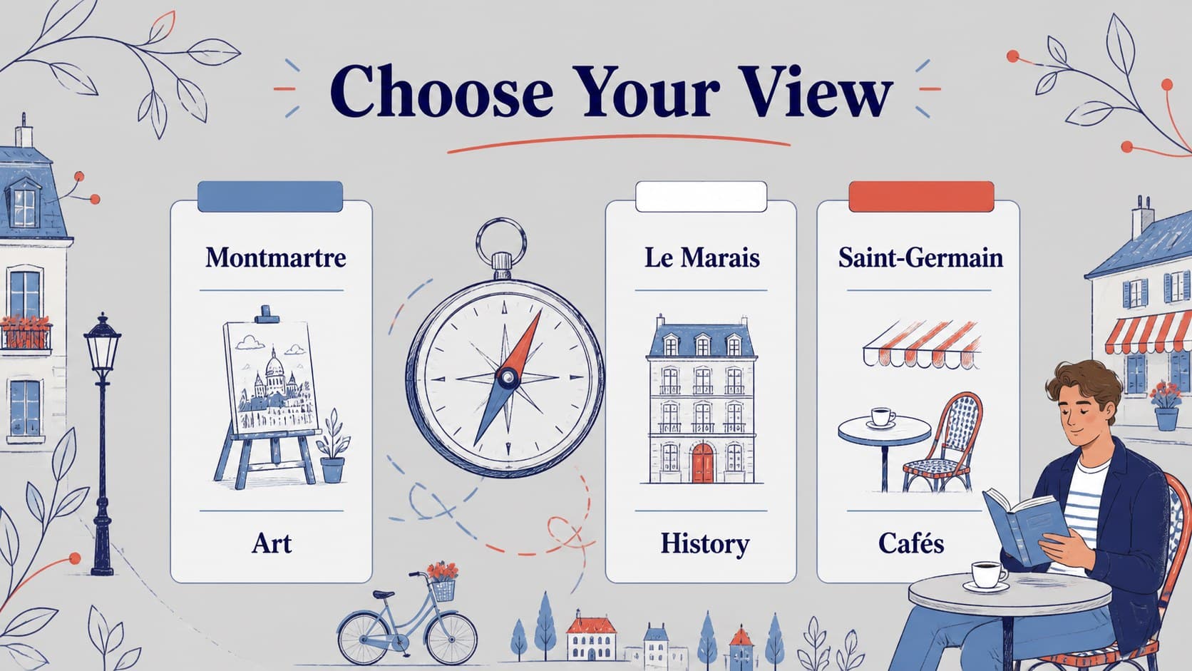 Three-column comparison slide contrasting Paris neighborhoods in a cute illustrated style.